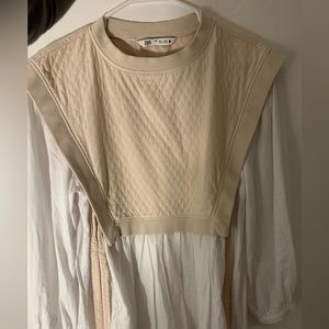 Zara Contrast Quilted Vest Shirt Ruffle Blouse Beige White Small